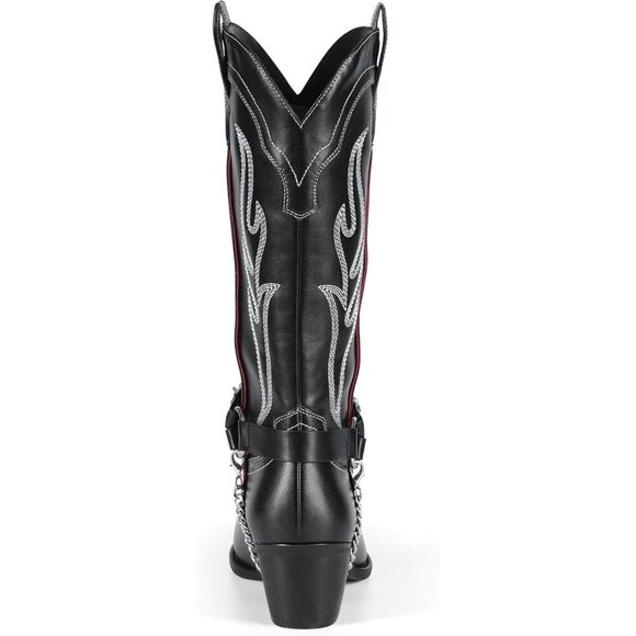 🆕Women Black Cowboy Boot with Chain Pointy Toe Heel Pull on Style Western Boots - Picture 4 of 7